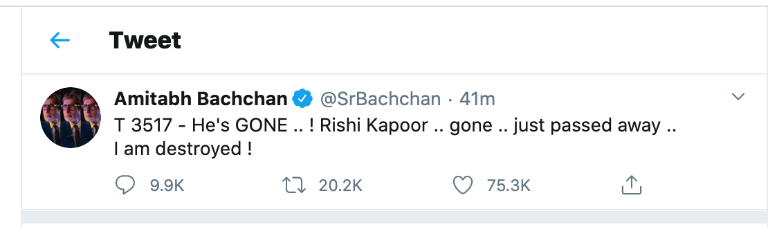 Amitabh Bachchan Tweet On Rishi Kapoor