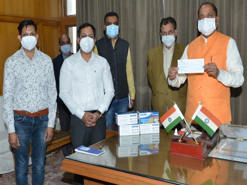 Saurabh Gupta, Amit Sharma and Aman Gupta of Pioneer Impex (Safeshield) Baddi, district Solan presented a cheque of Rs. one lakh to Chief Minister Jai Ram Thakur here today towards Chief Minister