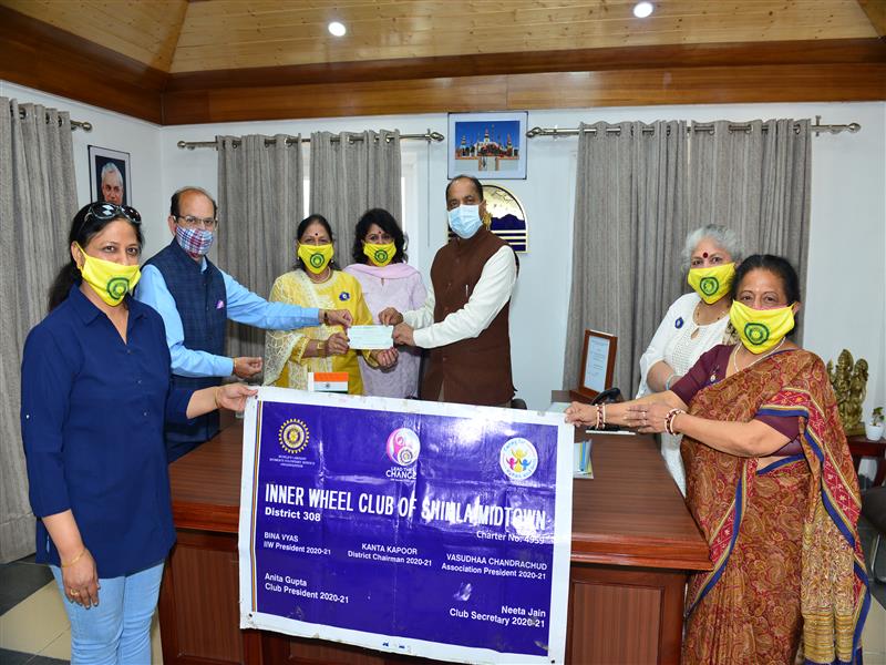 Chief Minister Jai Ram Thakur was presented cheque of Rs. one lakh by Prakash Gupta on behalf of Inner Wheel Club Shimla Midtown towards Chief Minister Relief Fund here today.  