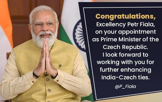 PM congratulates H. E Petr Fiala on appointment as PM of Czech Republic
