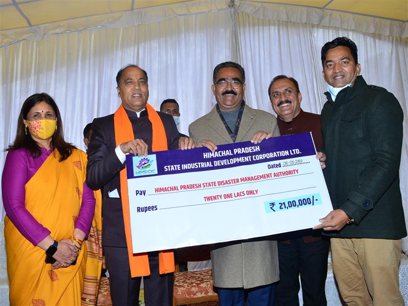 Chief Minister Jai Ram Thakur was presented a cheque of Rs. 21 lakh on behalf of Himachal Pradesh State Industrial Development Corporation Ltd.